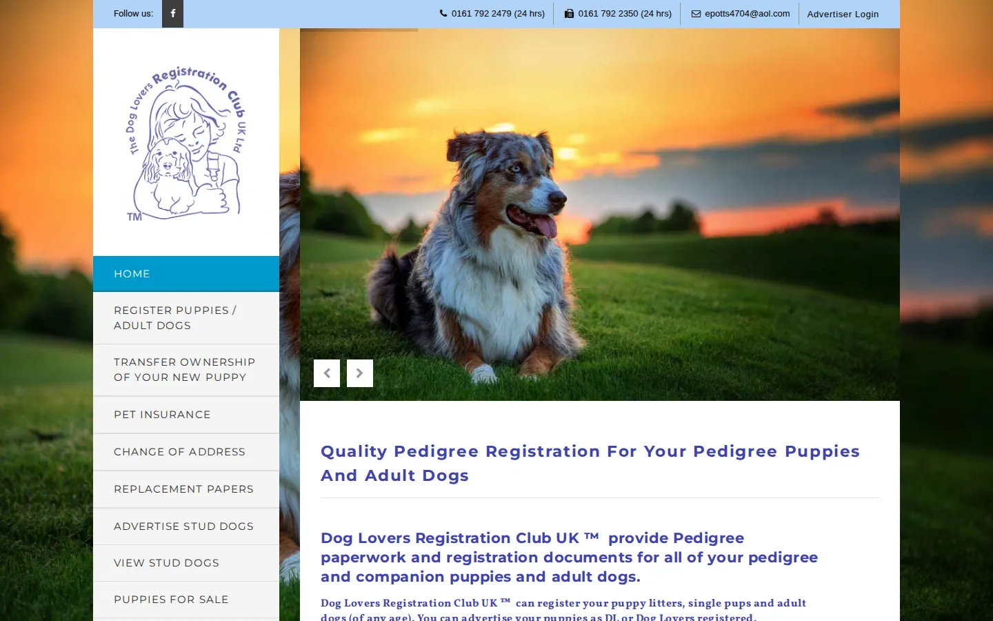 The Dog Lovers Registration Club UK homepage with a dog photograph and a menu of registration services