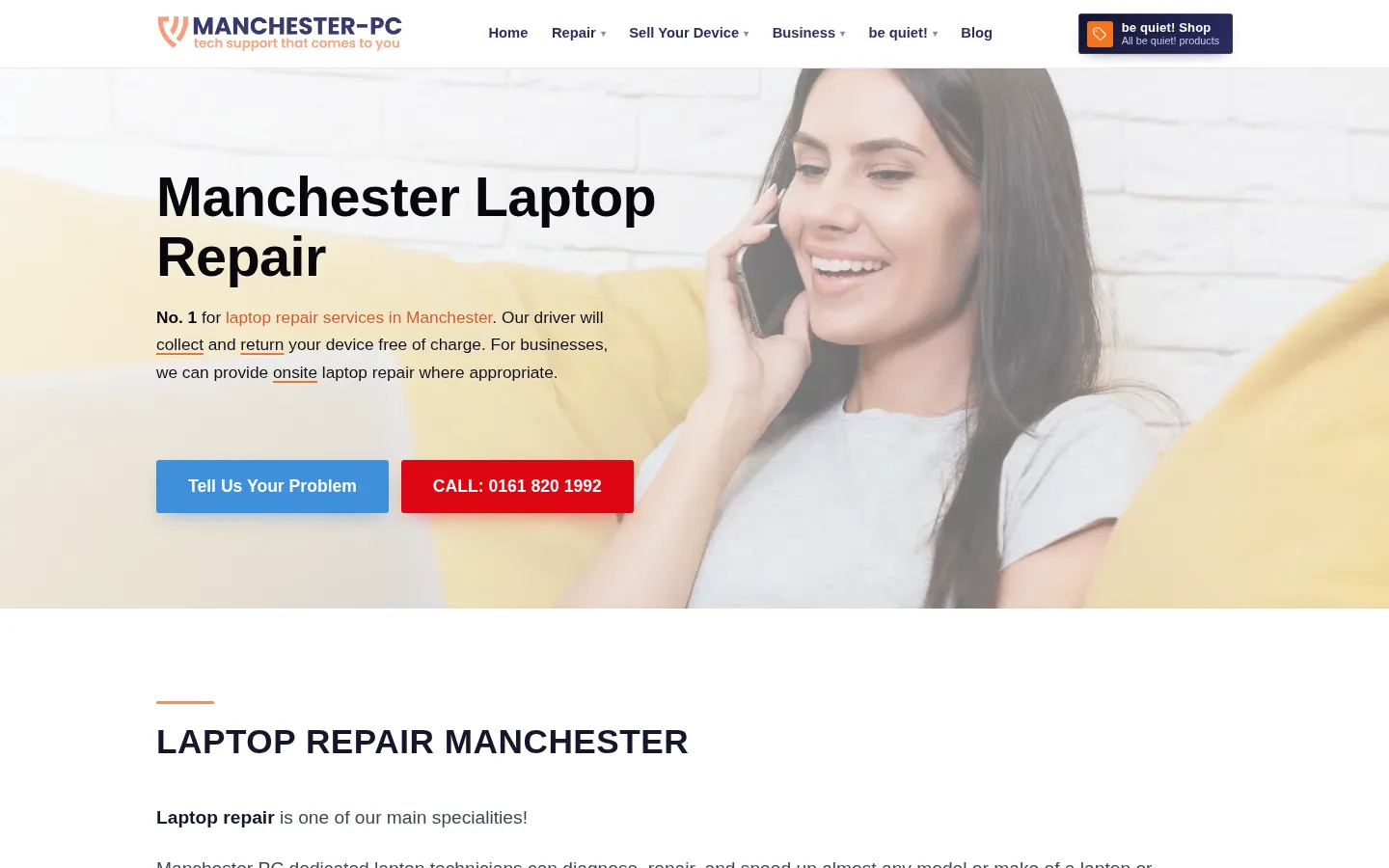The Manchester PC laptop repair page with call and enquiry buttons