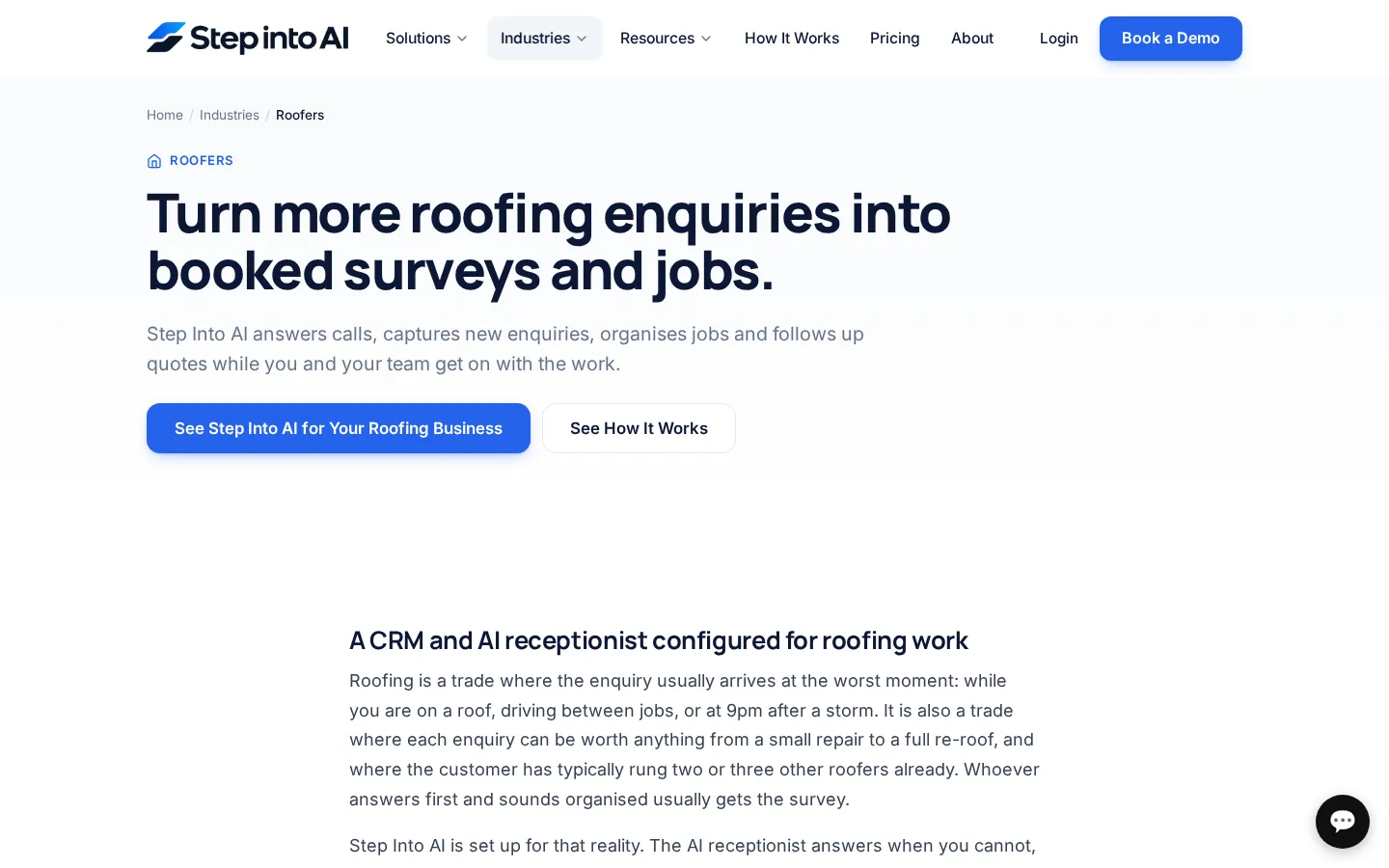 The Step Into AI page for roofers, headed "Turn more roofing enquiries into booked surveys and jobs"